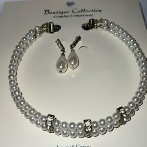 New Boutique Collection Faux Pearls Double Row and Crystal Choker & Earring Set